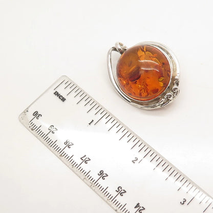 925 Sterling Silver Vintage Real Amber Pin Brooch