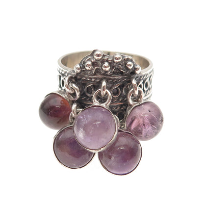 925 Sterling Silver Vintage Mexico Real Amethyst Dangle Charms Ring Size 8.25