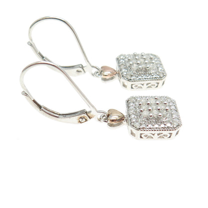 SUN 925 Sterling Silver 2-Tone Real Round-Cut Diamond Dangling Earrings