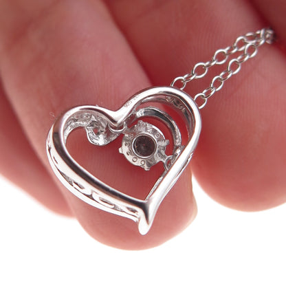925 Sterling Silver Real Round-Cut Diamond Heart Cable Chain Necklace 18"