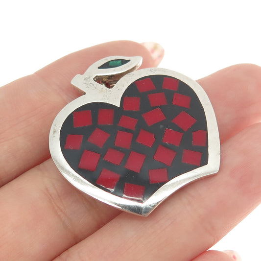 925 Sterling Silver Vintage Real Coral & Malachite Inlay Apple Pin Brooch