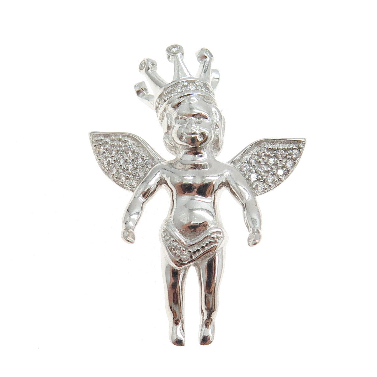 925 Sterling Silver Round-Cut C Z Crown Baby Angel Pendant