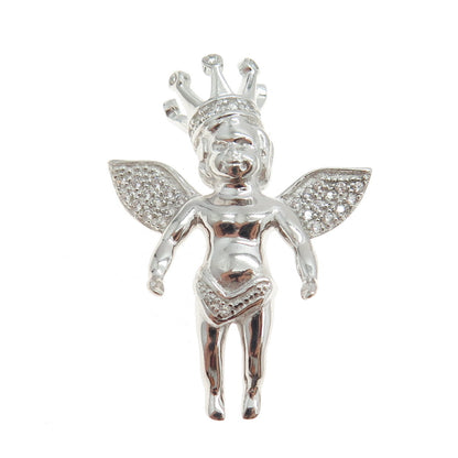 925 Sterling Silver Round-Cut C Z Crown Baby Angel Pendant
