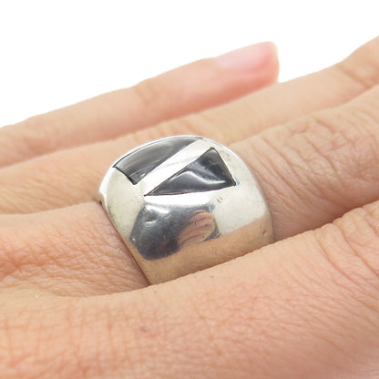 950 Silver Vintage Black Enamel Tribal Wide Ring Size 7