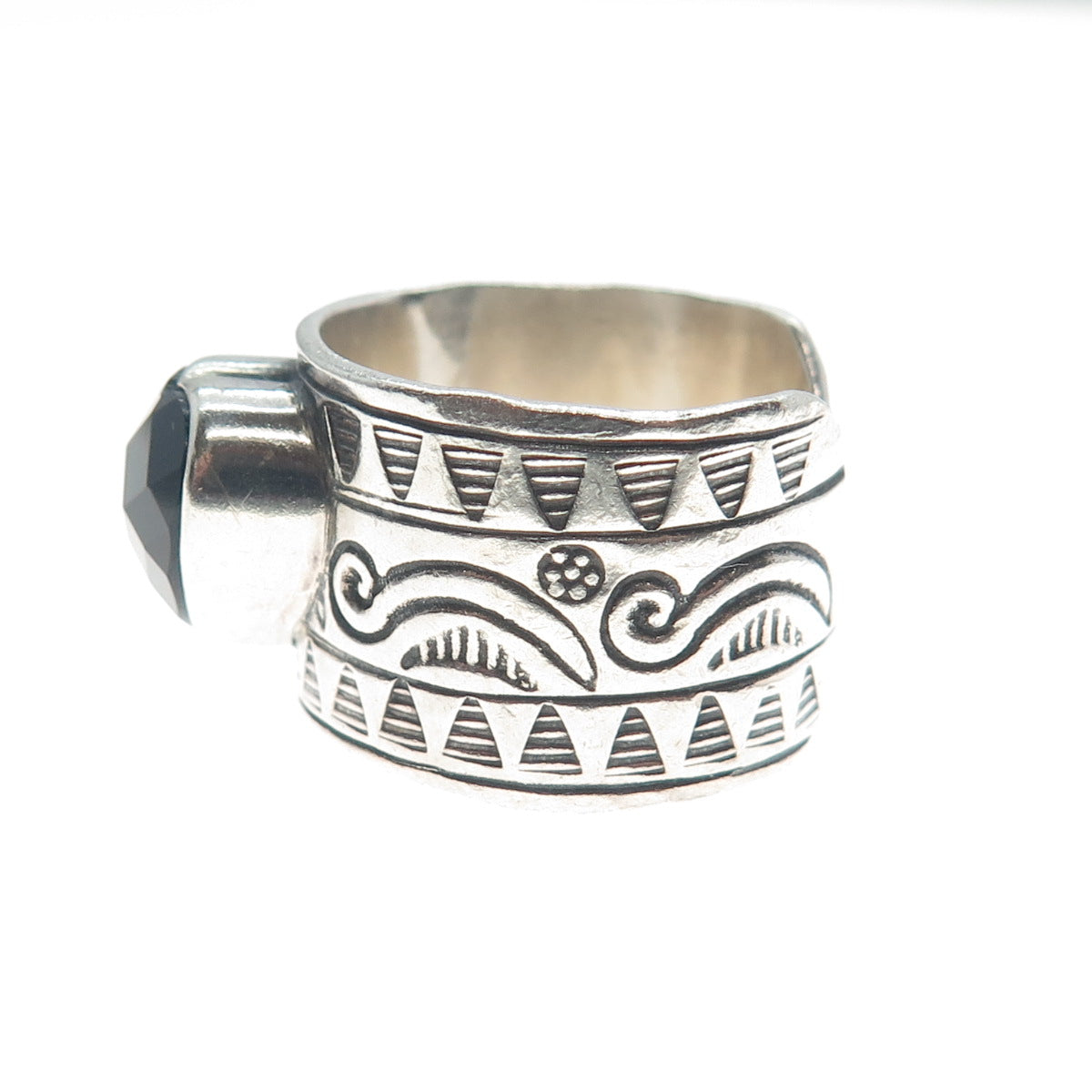 925 Sterling Silver Vintage Real Black Spinel Tribal Adjustable Ring Size 8.75