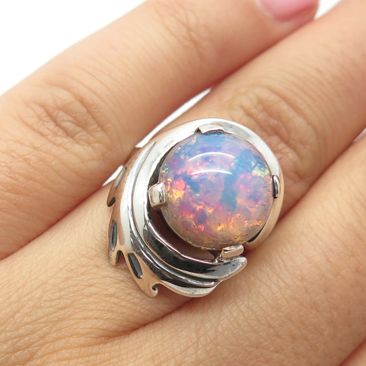 925 Sterling Silver Vintage TAXCO JC Mexico Dragon Foiled Glass Ring Size 5.75
