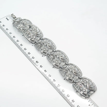 925 Sterling Silver Vintage W. E. Richards Floral Panel Link Bracelet 7.75"