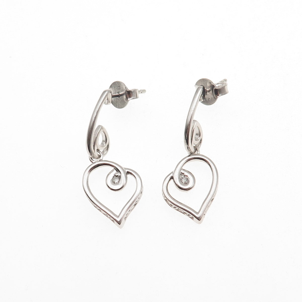 925 Sterling Silver Real Round-Cut Diamond Heart Dangle Earrings