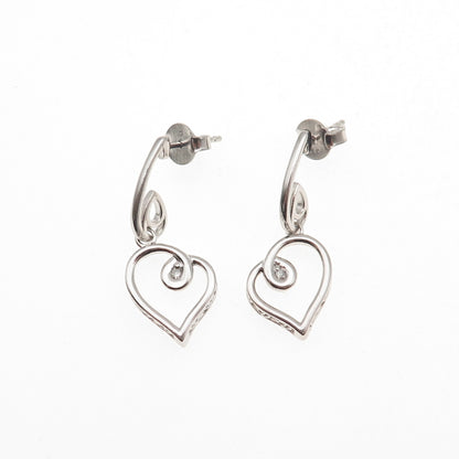 925 Sterling Silver Real Round-Cut Diamond Heart Dangle Earrings