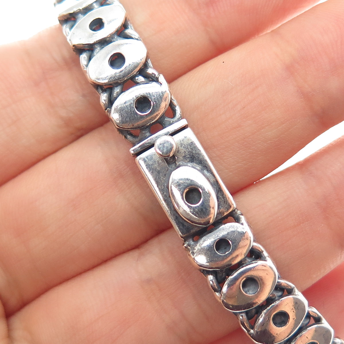925 Sterling Silver Vintage Modernist Evil's Eye Oxidized Bracelet 6.75"