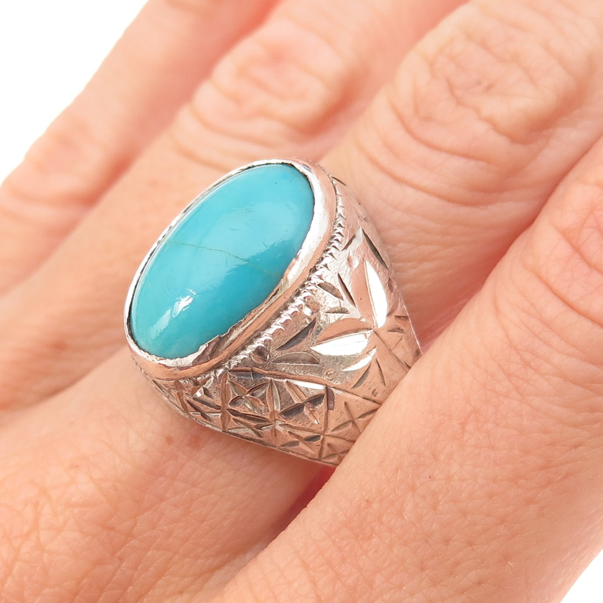 925 Sterling Silver Vintage Real Turquoise Diamond-Cut Oxidized Ring Size 9.75