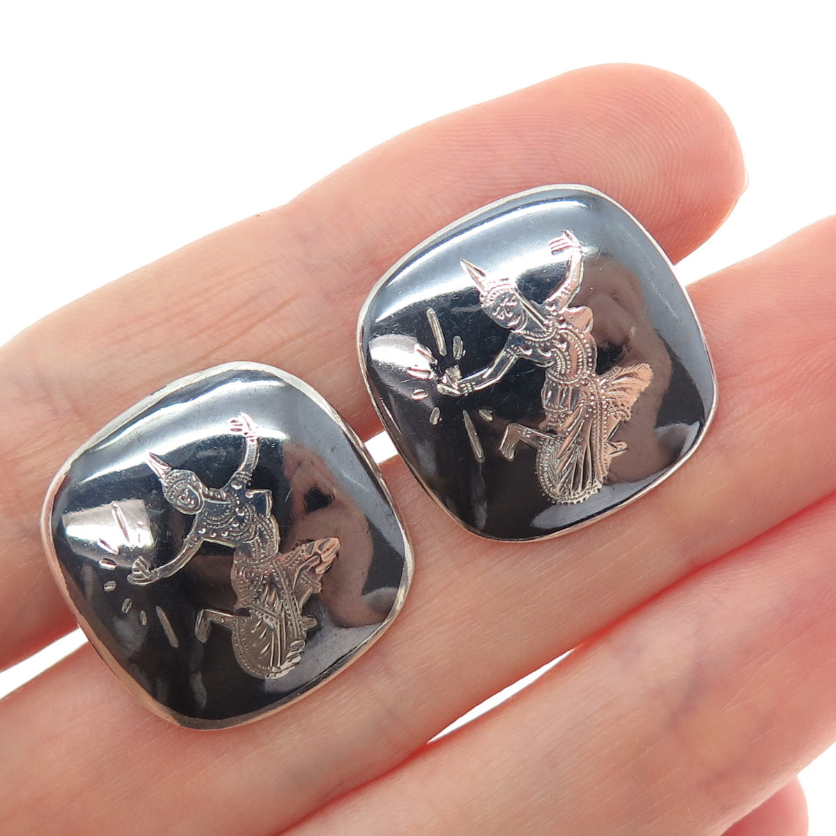 925 Sterling Silver Antique Siam Niello Hindu Goddess Cufflinks