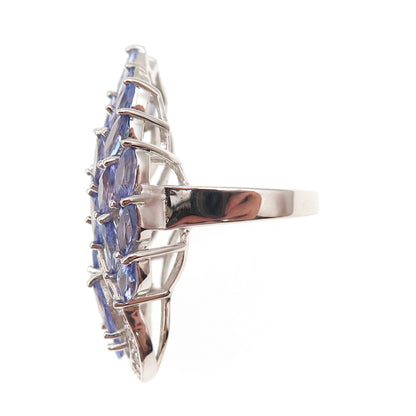 925 Sterling Silver Real Marquise-Cut Tanzanite & White Topaz Floral Ring Size 8