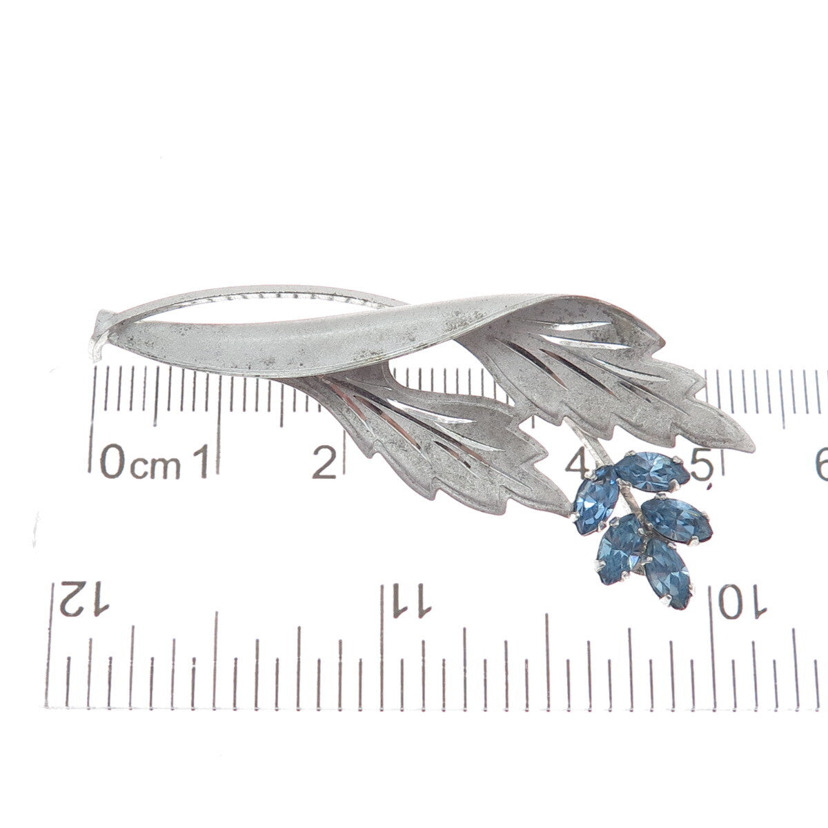 CURTIS CURTMAN 925 Sterling Silver Vintage Blue Rhinestone Flower Leaf Brooch