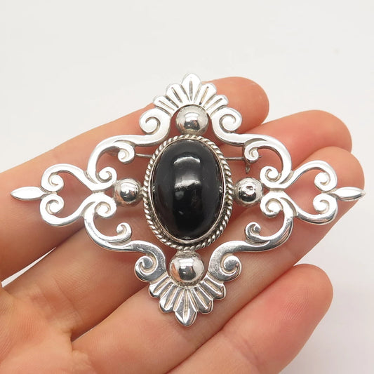 925 Sterling Silver Vintage Mexico Real Black Onyx Gemstone Ornate Pin Brooch
