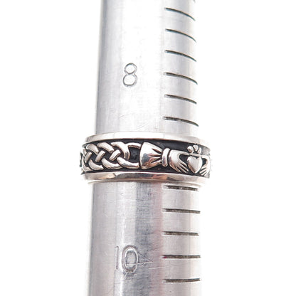 Solvar 925 Sterling Silver Vintage Irish Claddagh Oxidized Band Ring Size 9.25