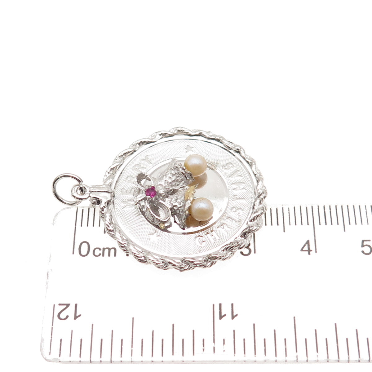 925 Sterling Silver Vintage Faux Pearl Rhinestone Merry Christmas Bells Pendant