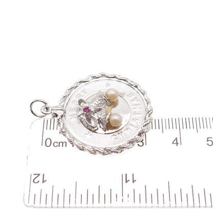 925 Sterling Silver Vintage Faux Pearl Rhinestone Merry Christmas Bells Pendant