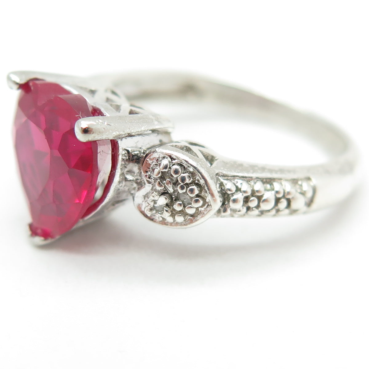 925 Sterling Silver Real Diamond & Lab-Created Ruby Heart Ring Size 7.5