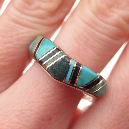 Old Pawn 925 Sterling Silver Vintage Turquoise & Black Onyx Wavy Ring Size 8.25