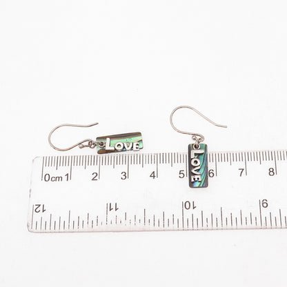 925 Sterling Silver Vintage Real Abalone Shell Love Dangle Earrings