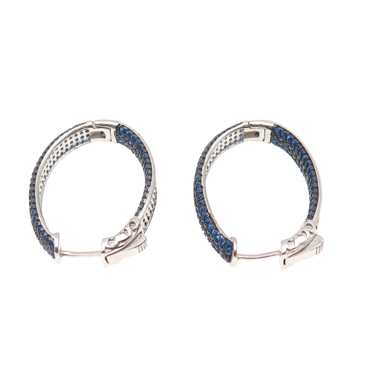 925 Sterling Silver Round-Cut Blue C Z In & Out Hoop Earrings