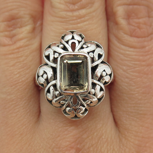 925 Sterling Silver Vintage Real Emerald-Cut Smoky Quartz Floral Ring Size 8.5