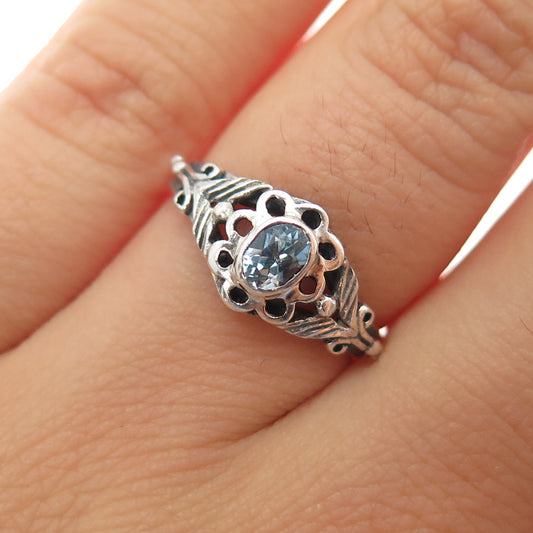 925 Sterling Silver Vintage Real Blue Topaz Flower Oxidized Ring Size 6.25