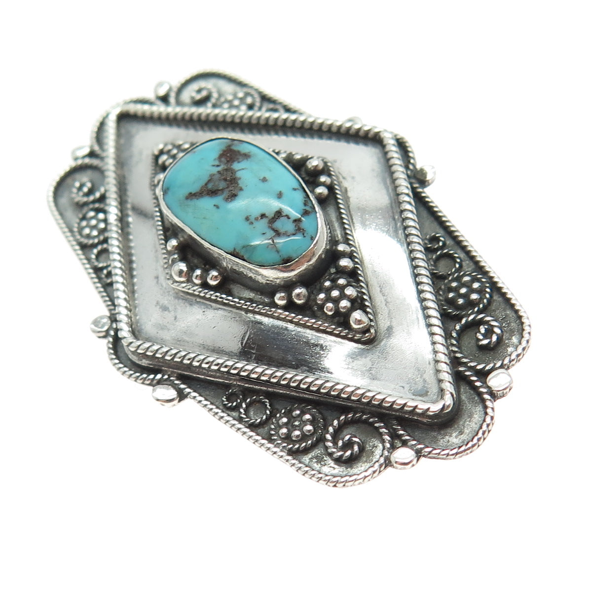 925 Sterling Silver Antique Israel Real Turquoise Granulated Oxidized Pin Brooch