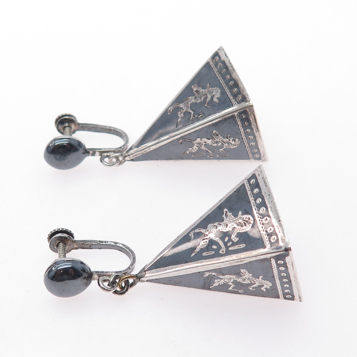 925 Sterling Silver Antique Siam Niello Hindu Goddess Screw Back Dangle Earrings