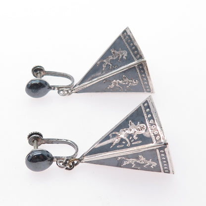 925 Sterling Silver Antique Siam Niello Hindu Goddess Screw Back Dangle Earrings