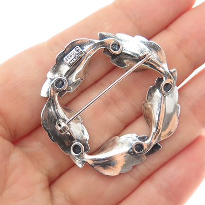 BEAU 925 Sterling Silver Vintage Floral Leaf Circle of Life Oxidized Pin Brooch