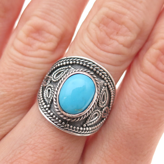 925 Sterling Silver Vintage Real Sleeping Beauty Turquoise Floral Ring Size 7