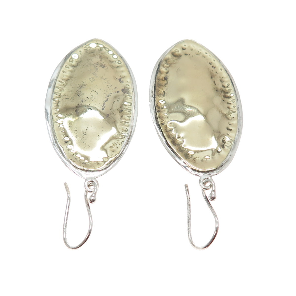 925 Sterling Silver 2-Tone Vintage Modernist Hammered Dangle Earrings