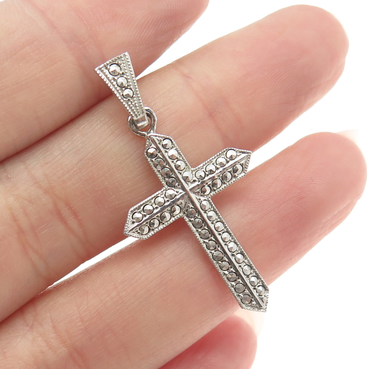 925 Sterling Silver Antique Art Deco Real Marcasite Gemstone Cross Pendant