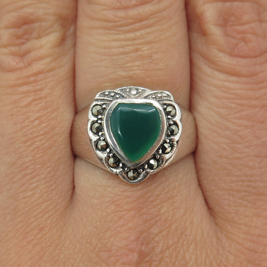 925 Sterling Silver Vintage Real Green Onyx & Marcasite Heart Ring Size 9