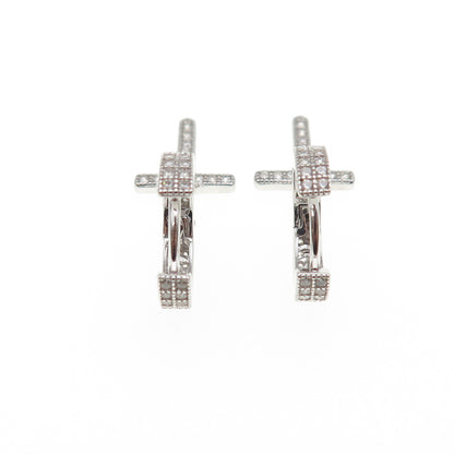 925 Sterling Silver Round-Cut C Z Dangle Cross Hoop Earrings