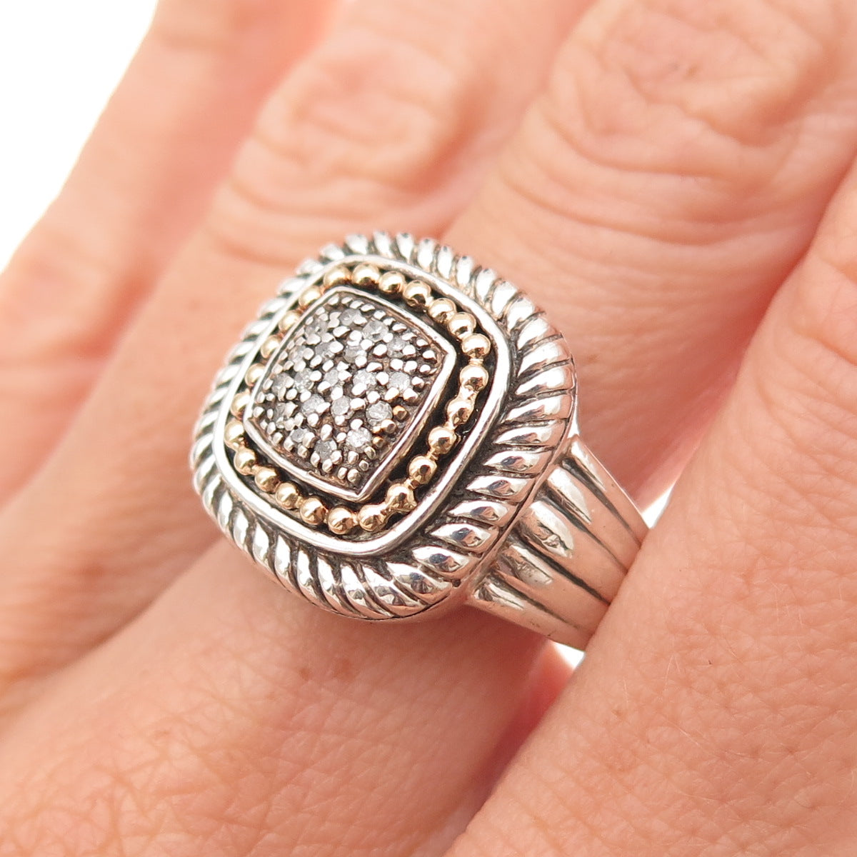 Town & Country 925 Sterling Silver 14K Gold Real Diamond Oxidized Ring Size 8.25