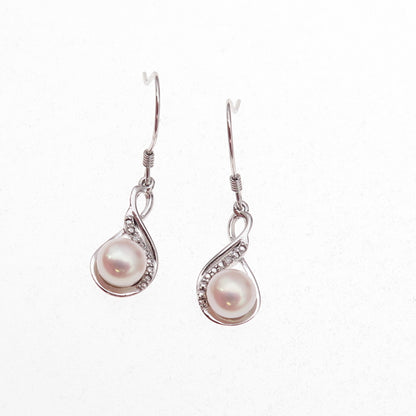 925 Sterling Silver Real Diamond & Pearl Infinity Dangle Earrings