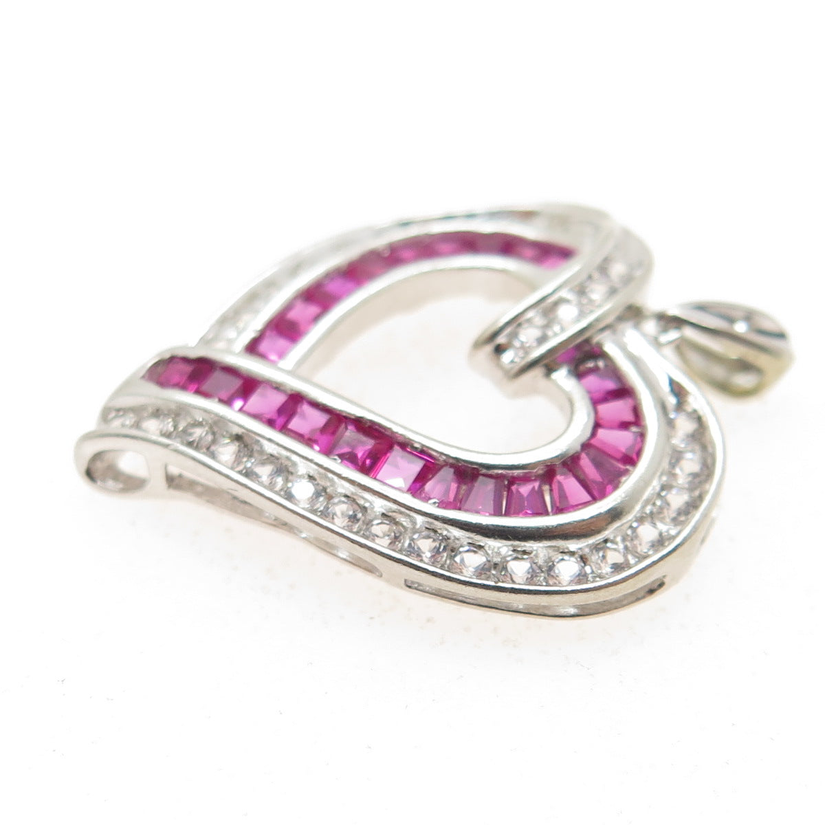 925 Sterling Silver Real Diamond White Topaz & Lab-Created Ruby Heart Pendant