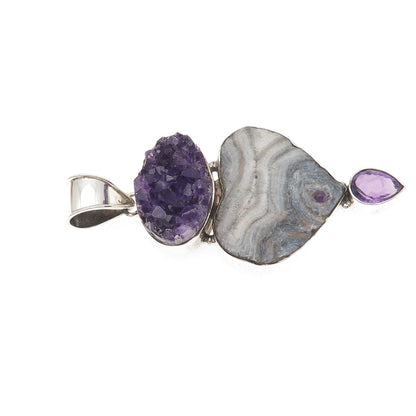 925 Sterling Silver Vintage Real Druzy Agate & Amethyst Large 34.6g Pendant