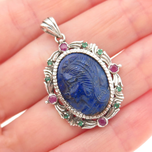 925 Sterling Silver Vintage Real Lapis Ruby & Emerald Lady Cameo Charm Pendant