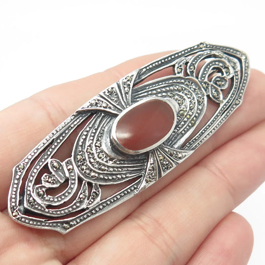 925 Sterling Silver Vintage Real Carnelian & Marcasite Gemstone Pin Brooch