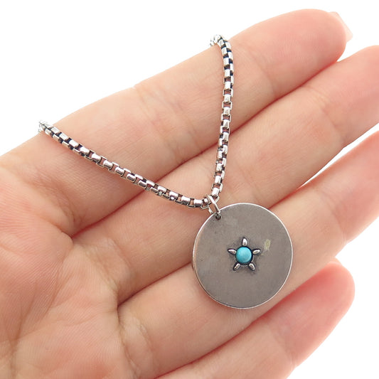 DEGS & SAL 925 Sterling Turquoise Modern Medallion Round Box Chain Necklace 24"