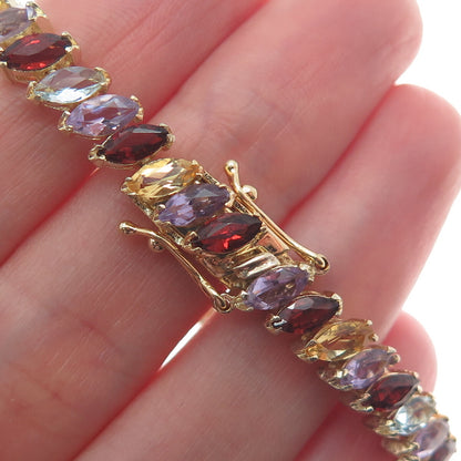 925 Sterling Gold Plated Amethyst Topaz Citrine Garnet Tennis Link Bracelet 7.5"