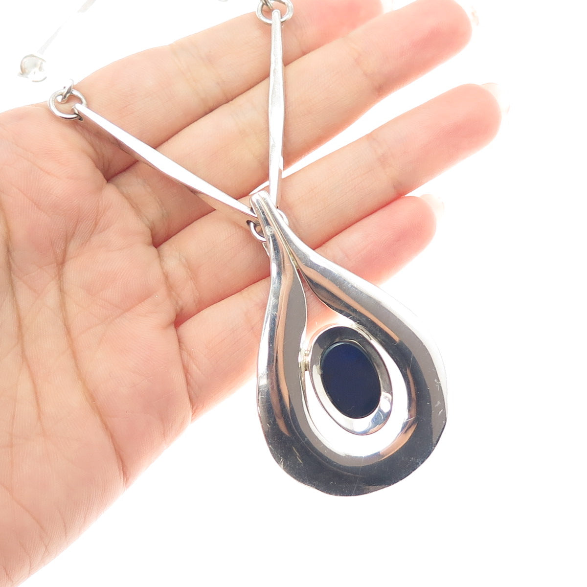 925 Sterling Silver Vintage Real Black Onyx Modernist Bar Chain Necklace 24"