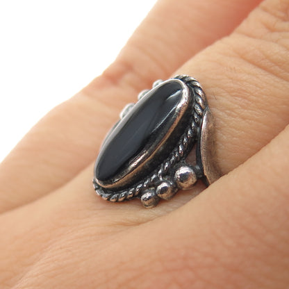 925 Sterling Silver Vintage Real Black Onyx Beaded Oxidized Ring Size 6