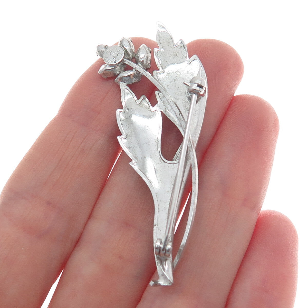 CURTIS CURTMAN 925 Sterling Silver Vintage Blue Rhinestone Flower Leaf Brooch