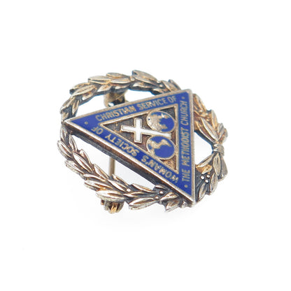925 Sterling Silver Gold Plated Antique Enamel WSCS Methodist Church Pin Brooch