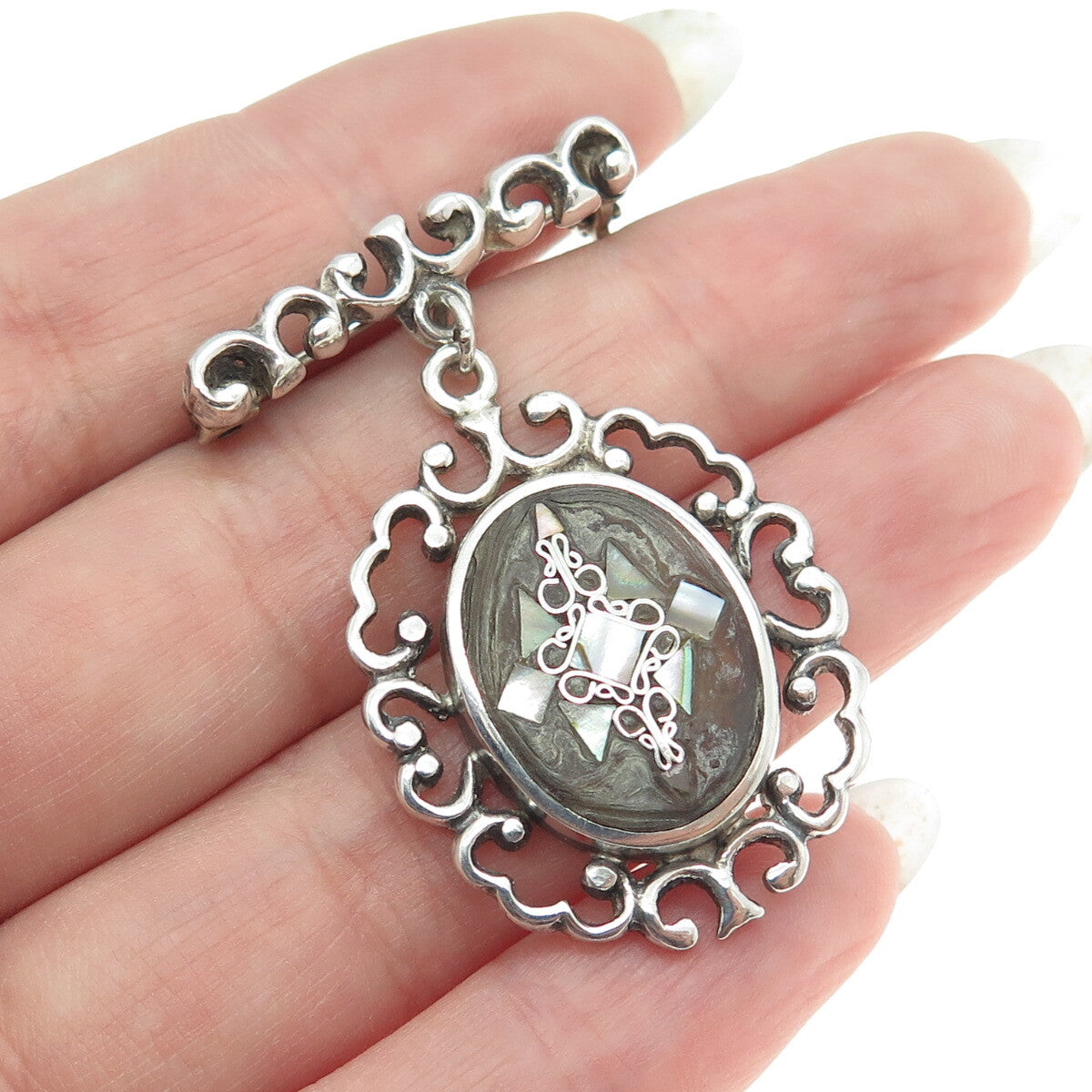 PGG 925 Sterling Silver Vintage Mexico Real Abalone Shell Ornate Pin Brooch